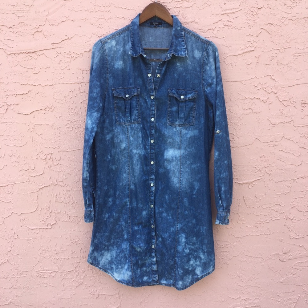 Chiqle Denim Shirt Dress Acid Wash Pearl Snap Buttons Size Large Western Rodeo